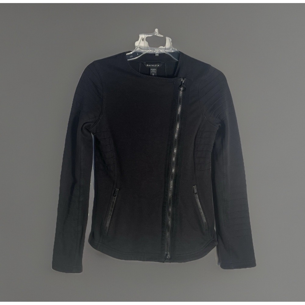 Athleta Moto Jacket Women XS Black Full Zip Stretch Cotton Blend Zip Pockets